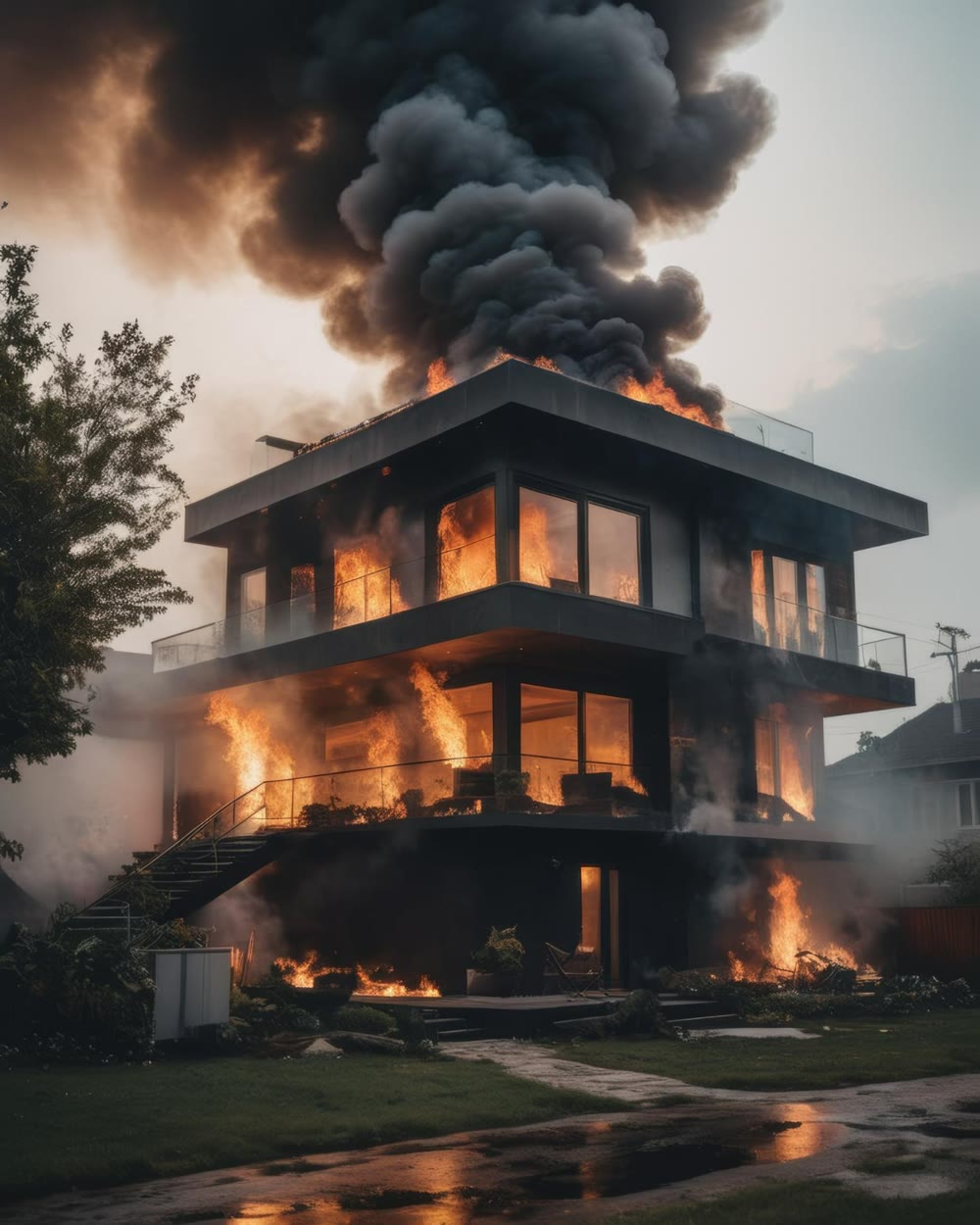 Modern two-story home engulfed in fire with a heavy smoke column above the roof