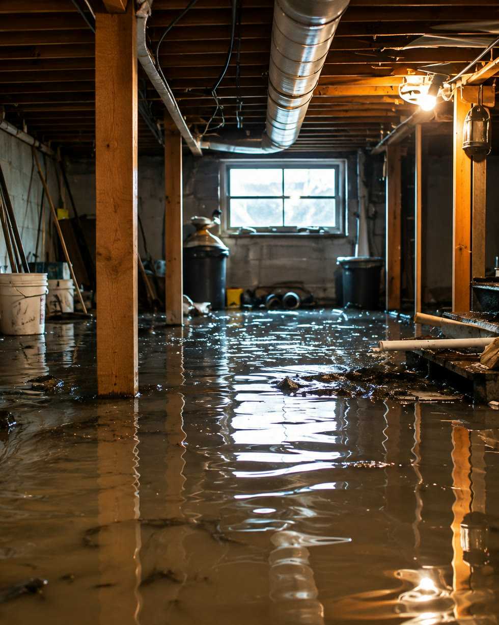 Residential basement flooded with standing water and debris