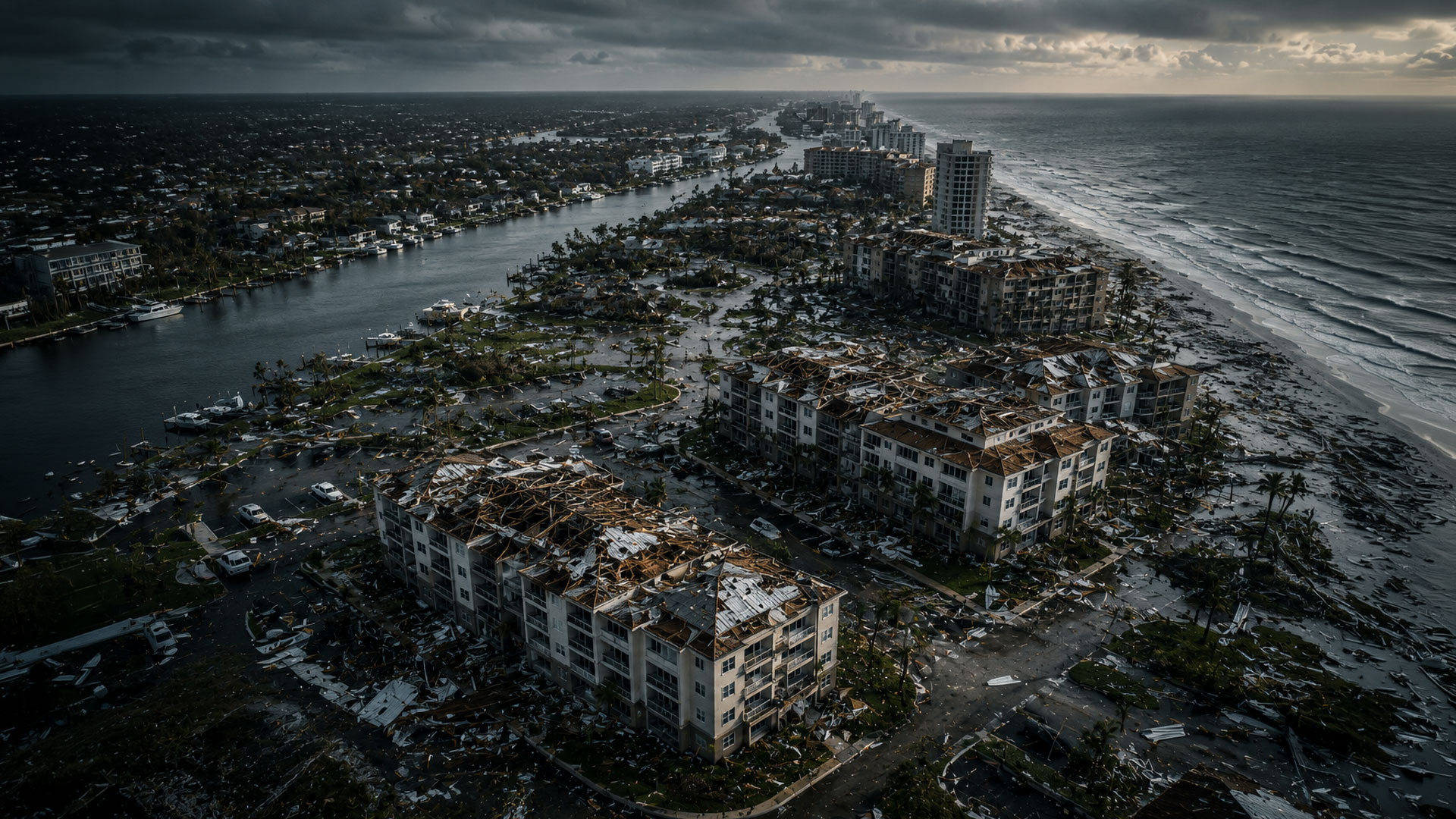 Aerial view of a coastal community after catastrophic storm damage