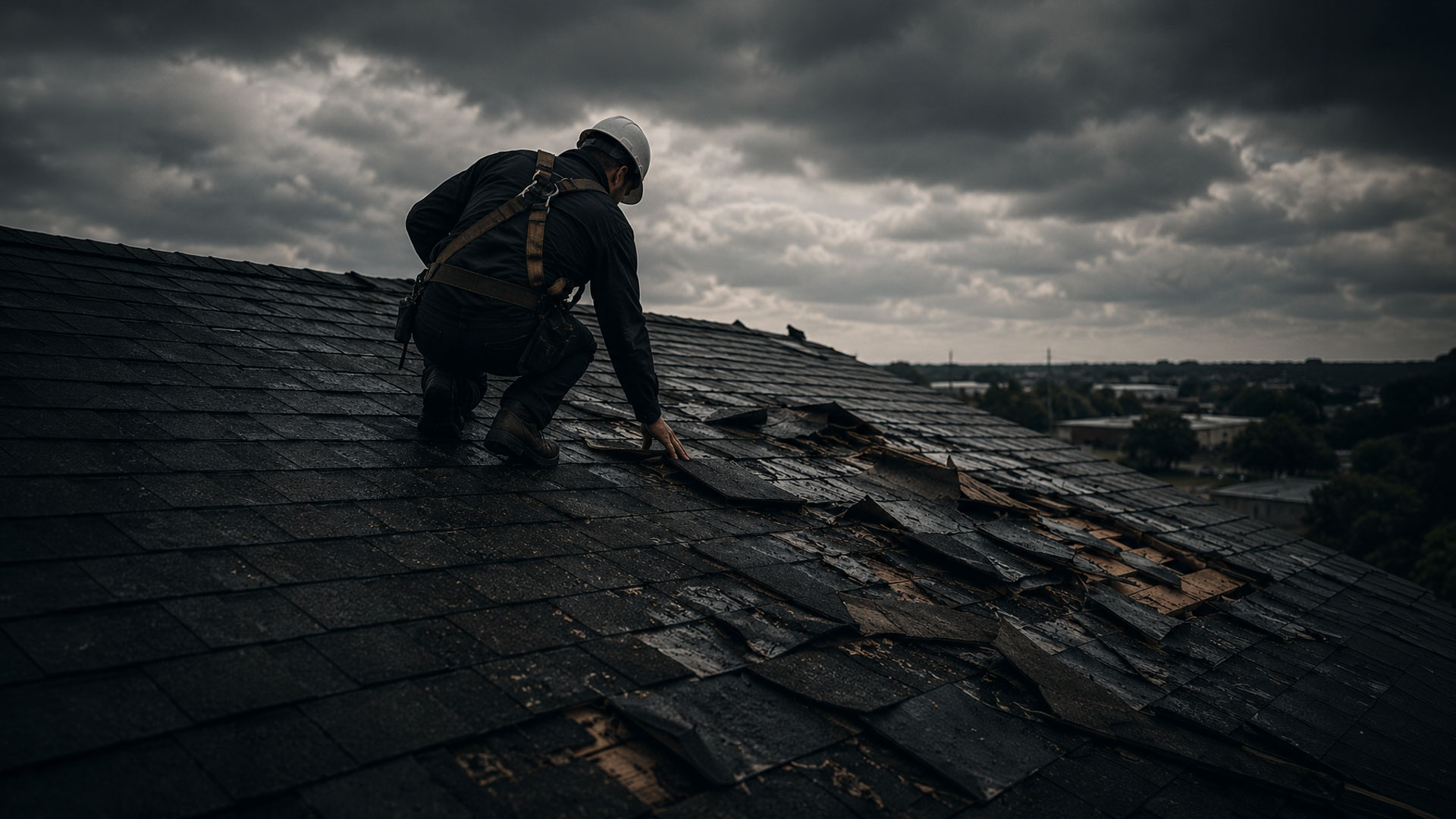 Inspector assessing storm-damaged roof shingles under heavy clouds
