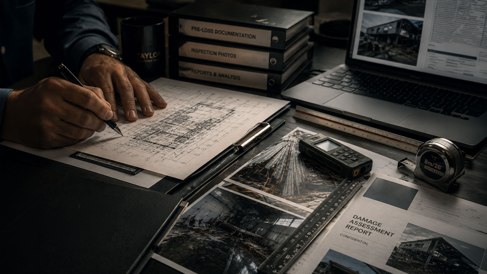 Damage assessment reports and blueprints on a desk